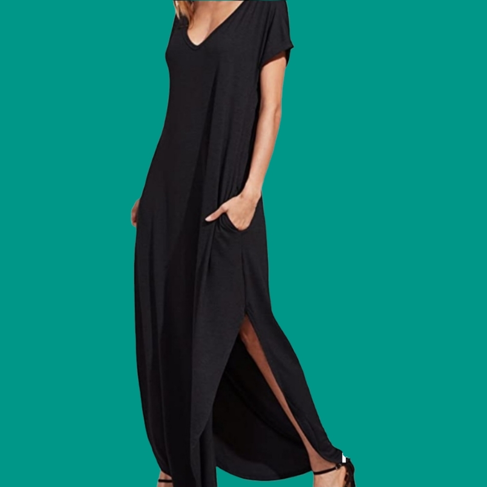 Cap Sleeve V-neck Black Maxi Dress Pockets Short Sleeve Cotton T shirt Dress